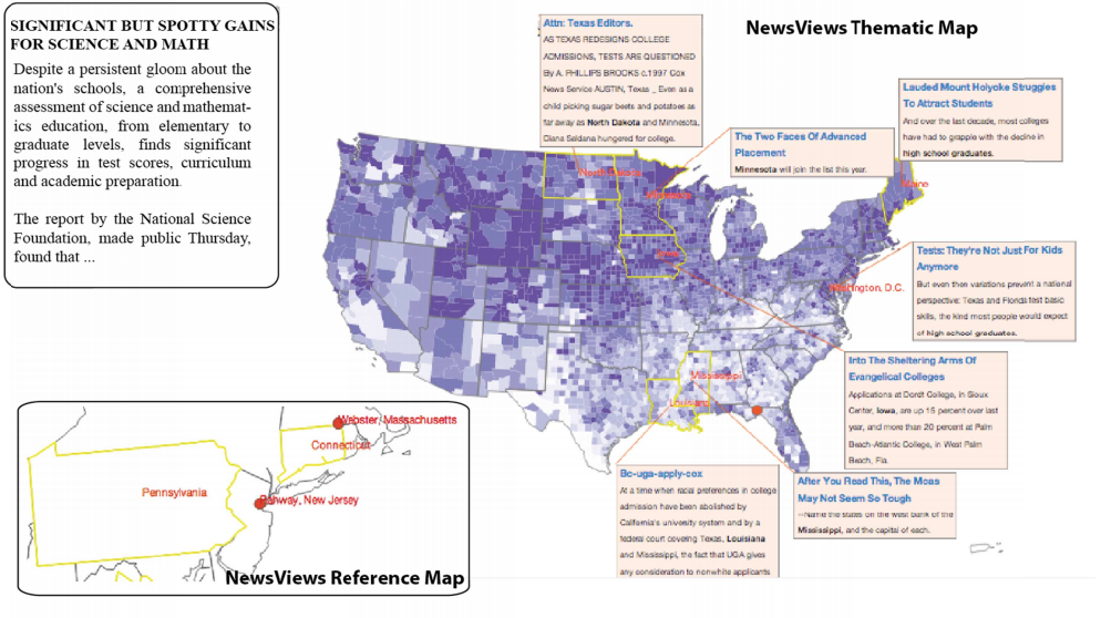 The NewsViews interface, depicting an input article and custom annotated thematic data. An example of a reference map is shown to the left