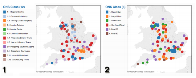 Two maps show different UK healthcare group locations. The same colors represent different data in the two views, requiring viewers to maintain several meanings for each color value in memory as they analyze the set.