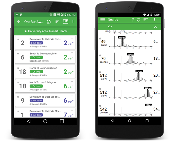 The One Bus Away Android Interface as seen by users as of September 2017 (left) alongside our adaption of the interface for testing the impact of uncertainty visualizations like quantile dotplots on transit decisions (right).